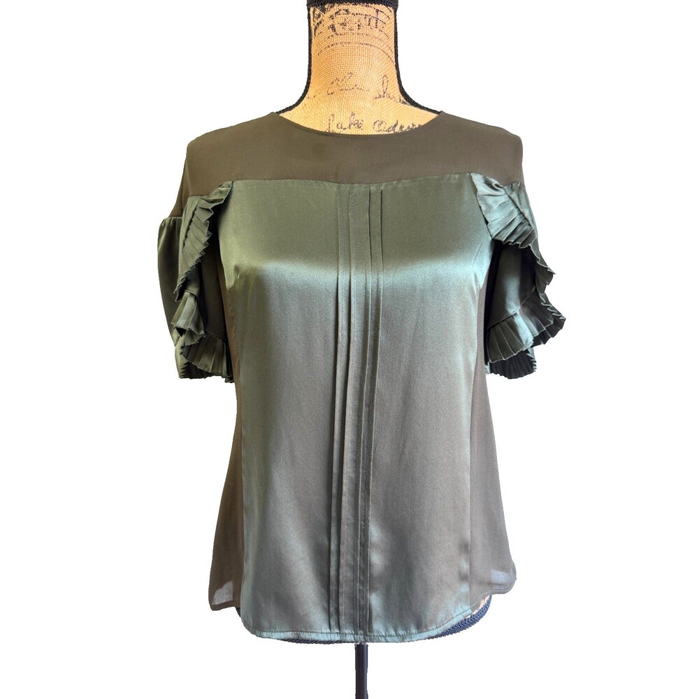 Development by Erica Davies Olive Satin Silk Pleated Ruffle Sleeve Blouse Top 6